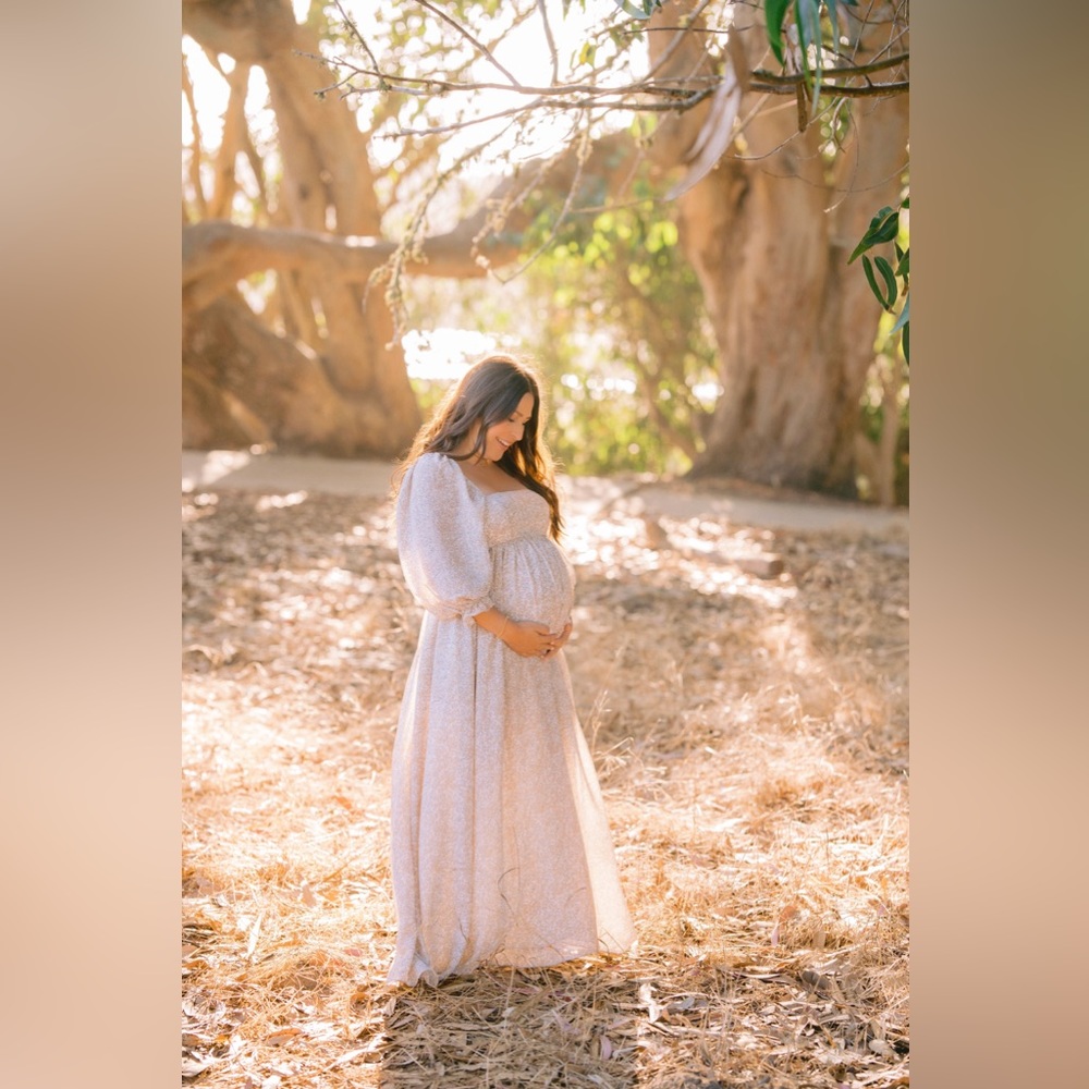 Beige Chiffon Printed Square Neck Empire Maternity Maxi Dress